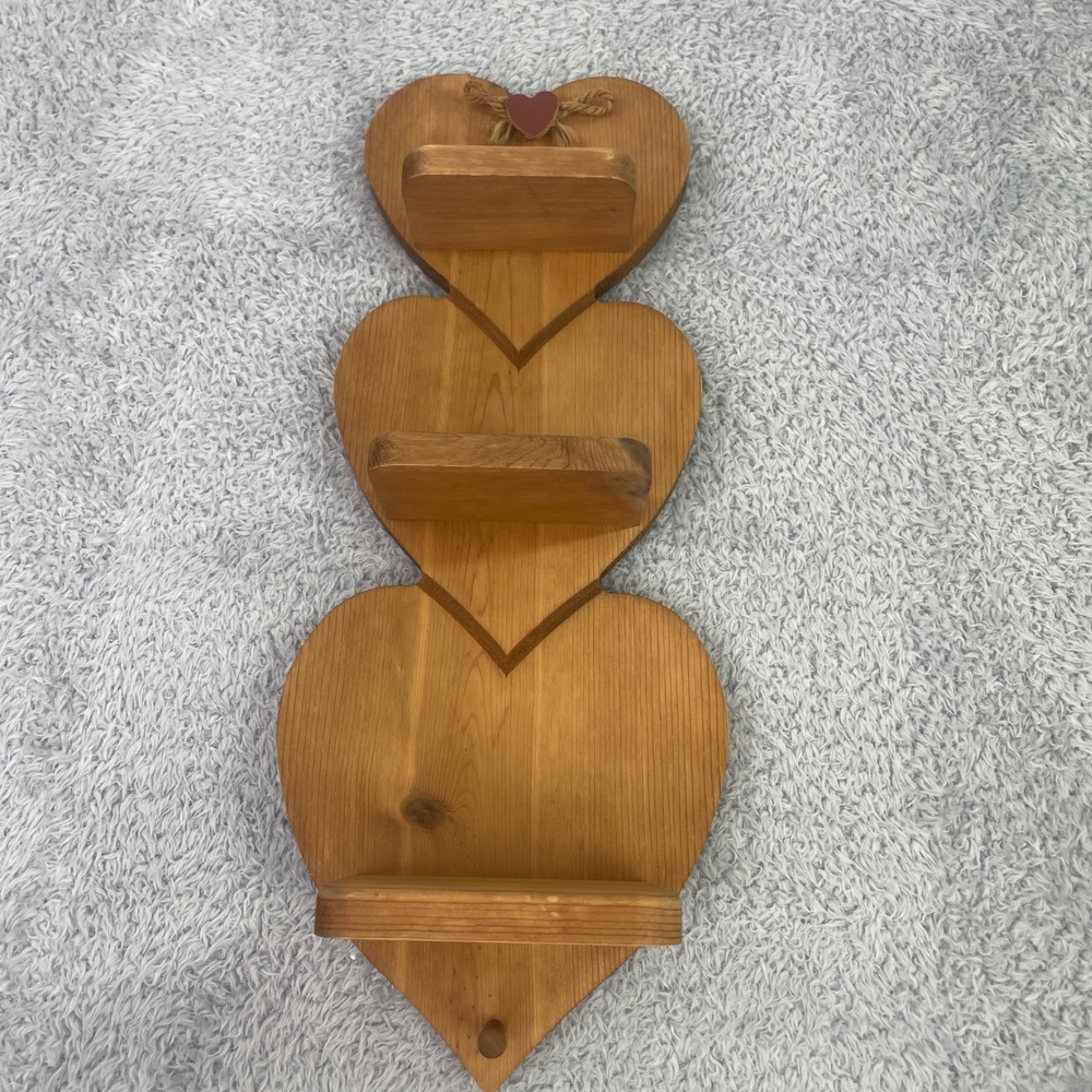 Vintage Unbranded Triple Heart Wall Shelf Brown Rustic Wood Country Farmhouse